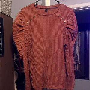 SHEIN Rust Ribbed Blouse with Button Details